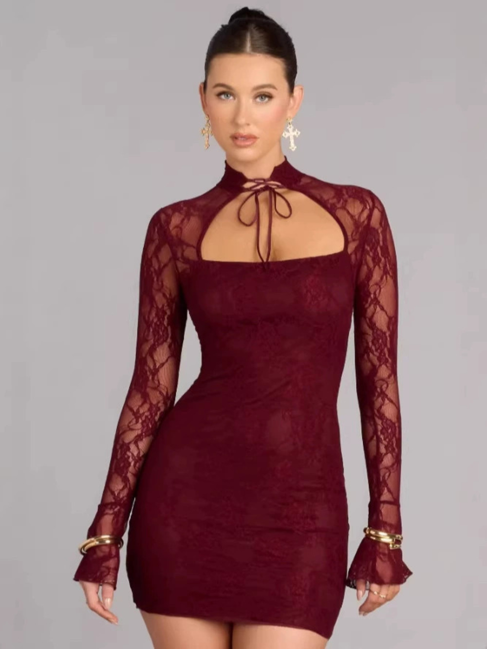 Zara Solid Color Cutout Tie Lace Long Sleeve Streamer Mini Dress Spring Vacation